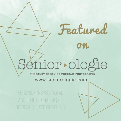 Green and gold graphic design showing triangular shapes and text for Seniologie photography website branding.