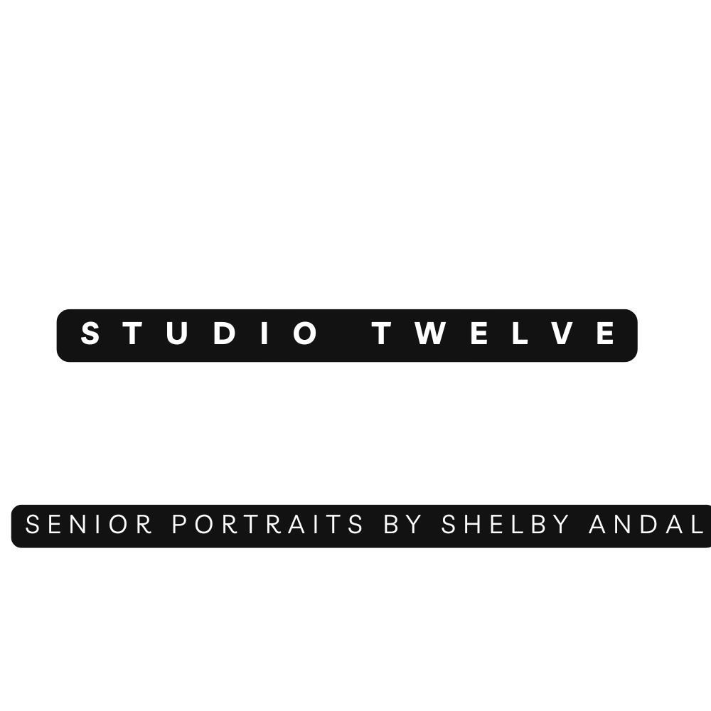 Black and white text logo for Studio Twelve and Senior Portraits by Shelby Andal photography studio.