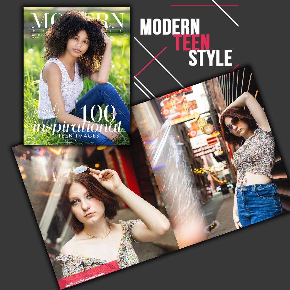 Magazine cover layout mockup with fashion photos showing casual street style and editorial portraits in modern design.