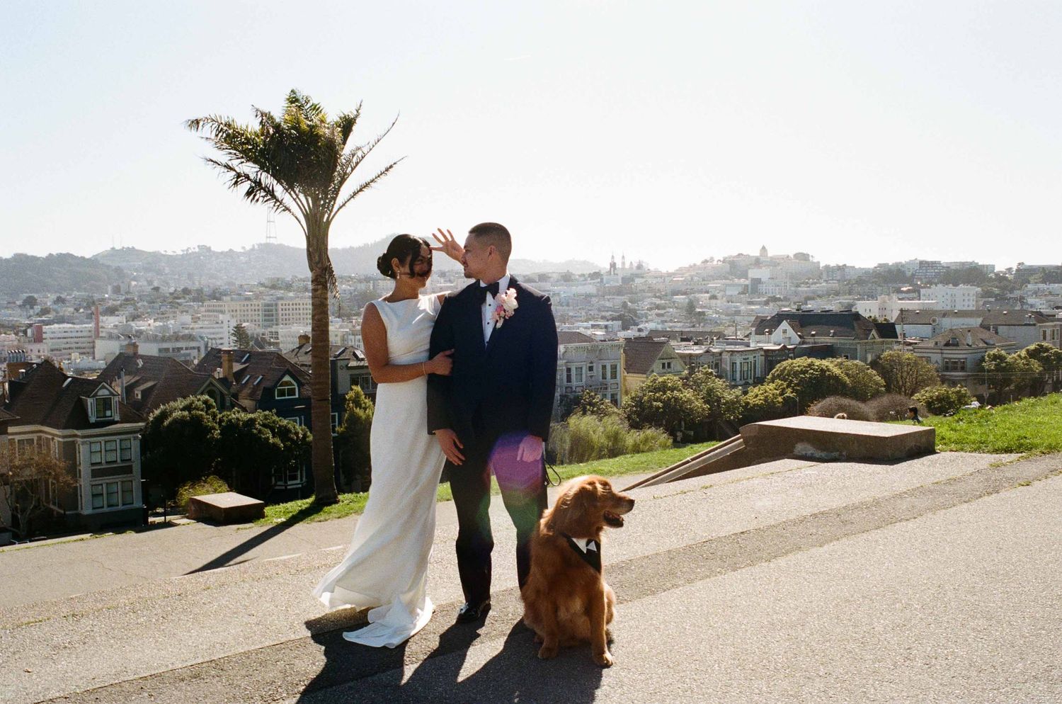 Couple and their dog enjoy a scenic overlook at Twin Peaks in San Francisco on a sunny afternoon.