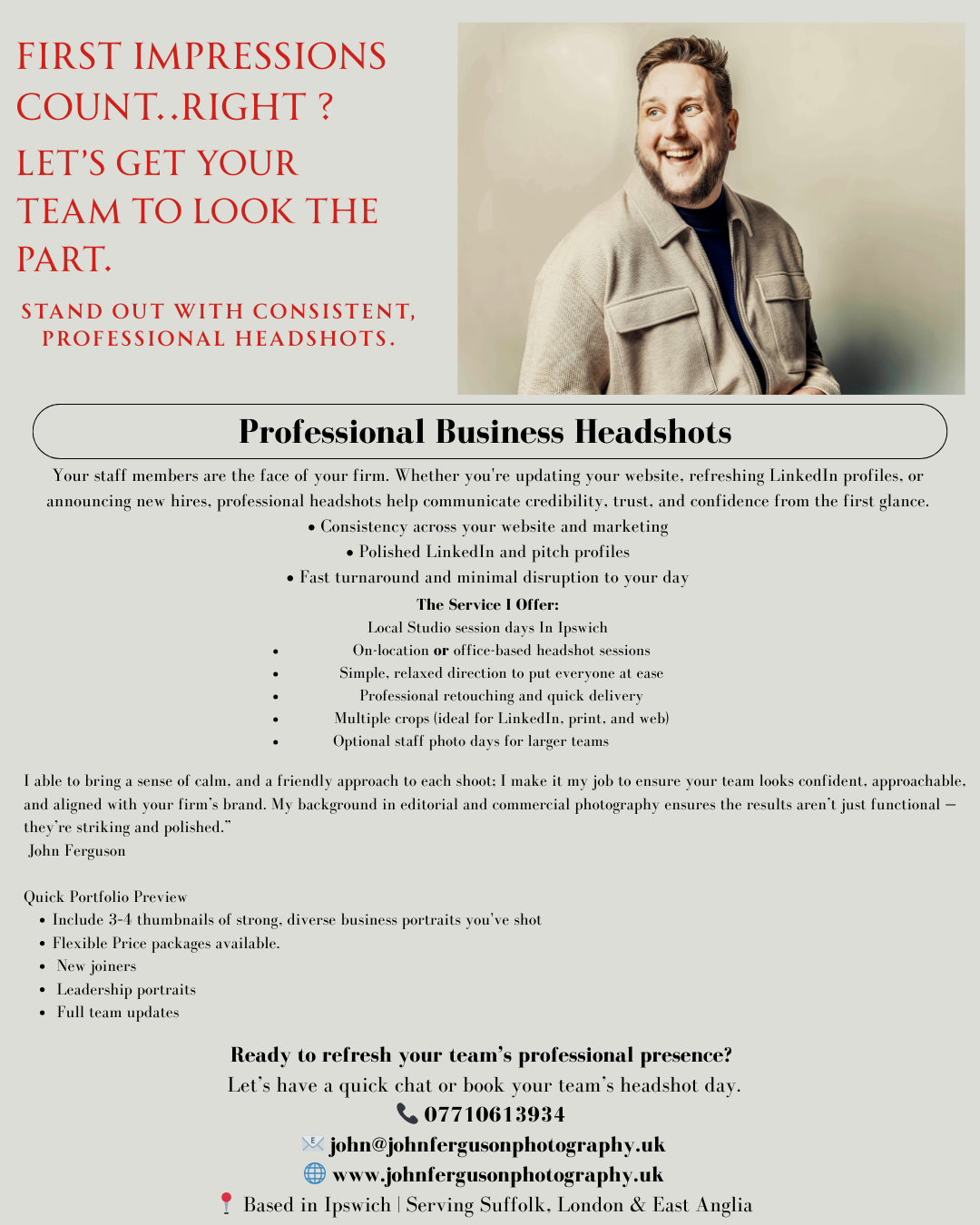 Professional business headshot advertisement featuring beige paper texture and promotional text for photography services.