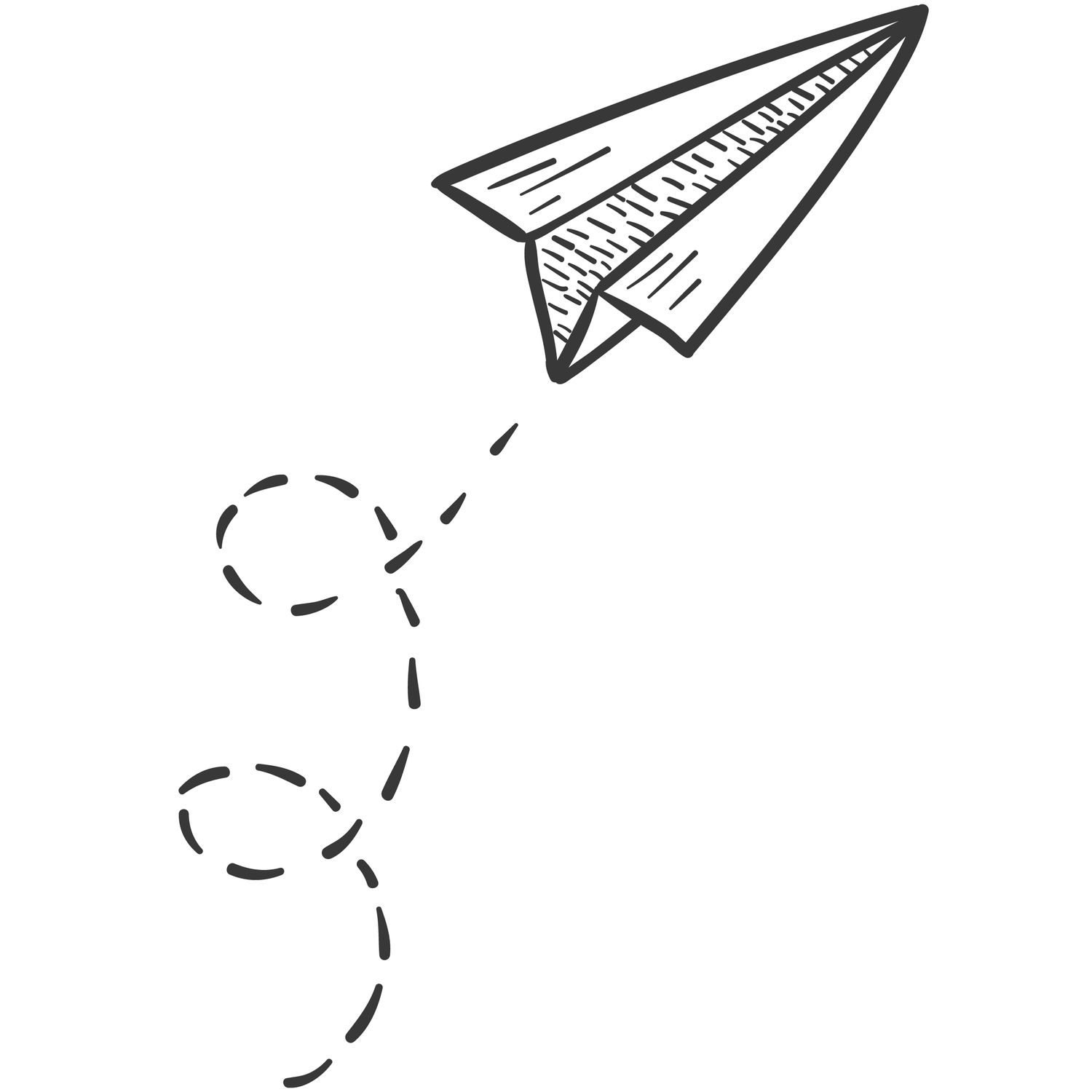 Hand drawn illustration of paper airplanes in various sizes flying upward with dotted line trails behind them.