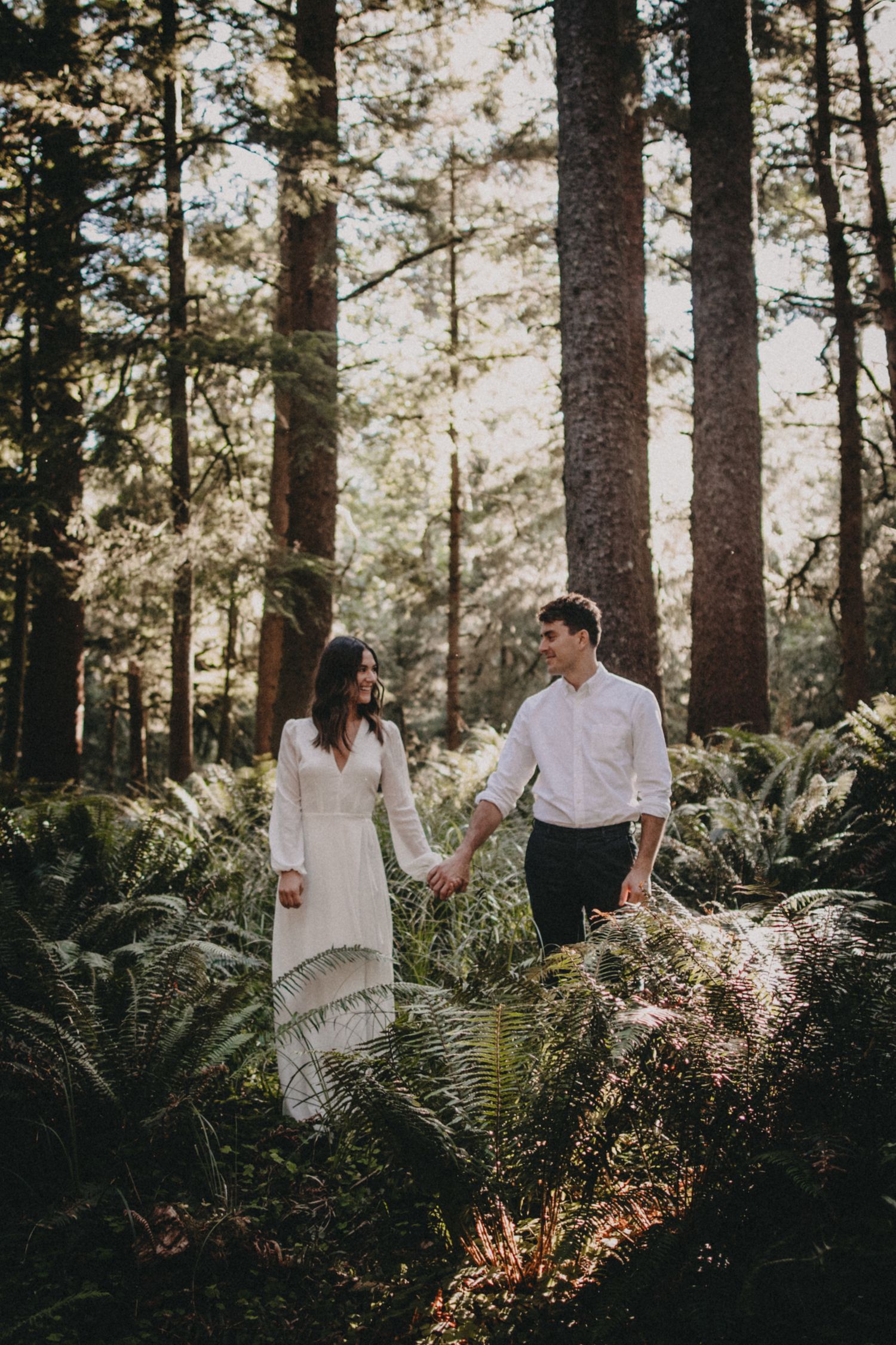 A couple strolls hand in hand through a sunlit forest with tall trees and ferns creating a romantic woodland setting.