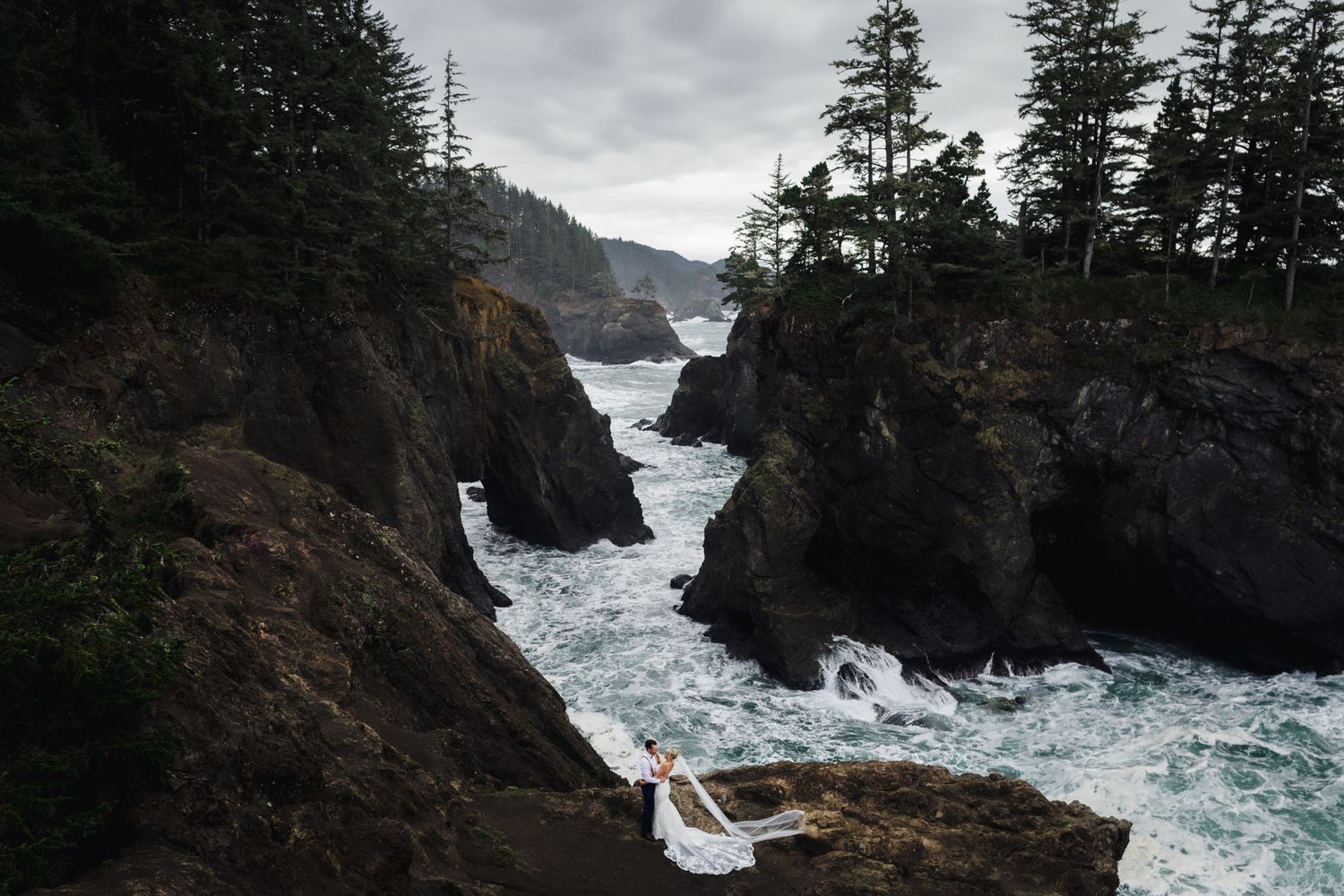 Dramatic coastal landscape with crashing waves between rugged cliffs and tall evergreen trees along the Oregon coast.