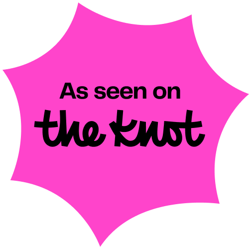 Pink starburst logo for 'As seen on The Knot' wedding website.
