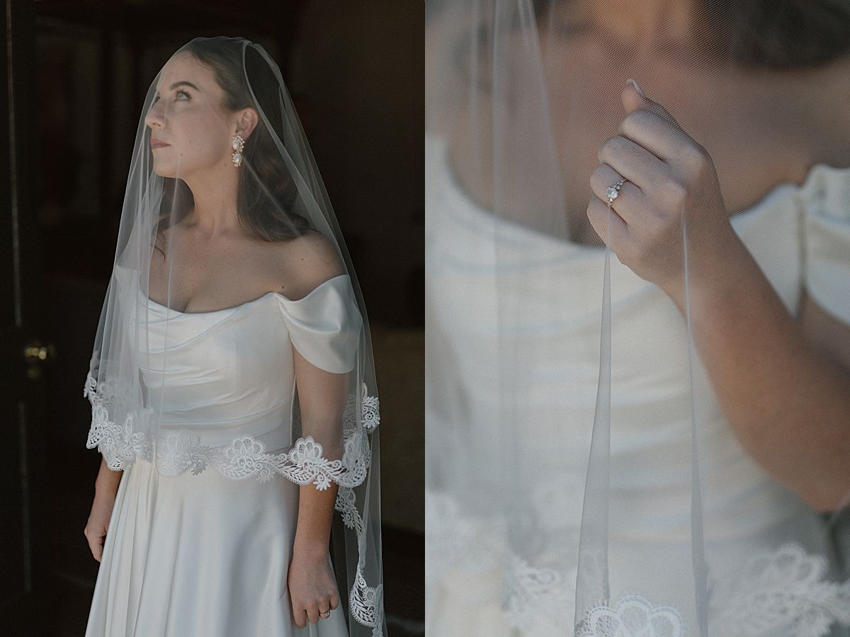 Candid moment of bride and bridesmaids helping with dress and veil