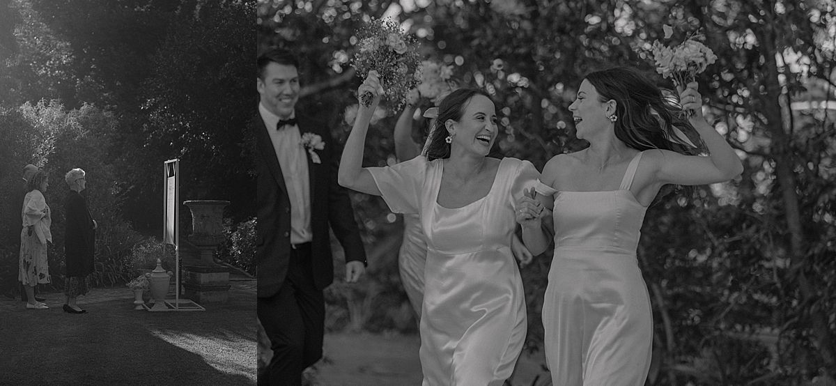 Bride and groom sharing a joyful moment at Weltevreden Estate, with elegant floral arrangements and Cape Dutch architecture.