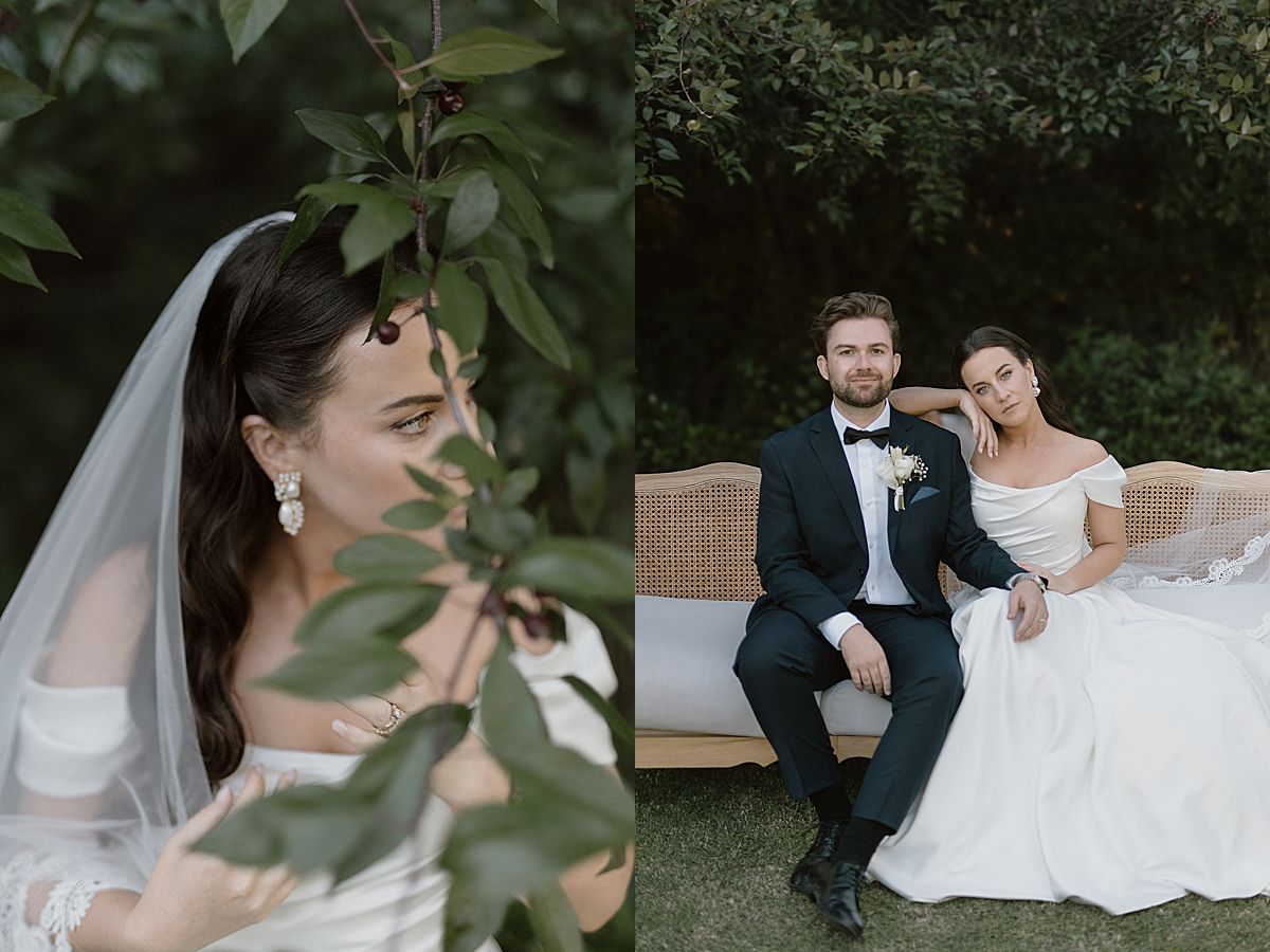 Bride and groom sharing a joyful moment at Weltevreden Estate, with elegant floral arrangements and Cape Dutch architecture.