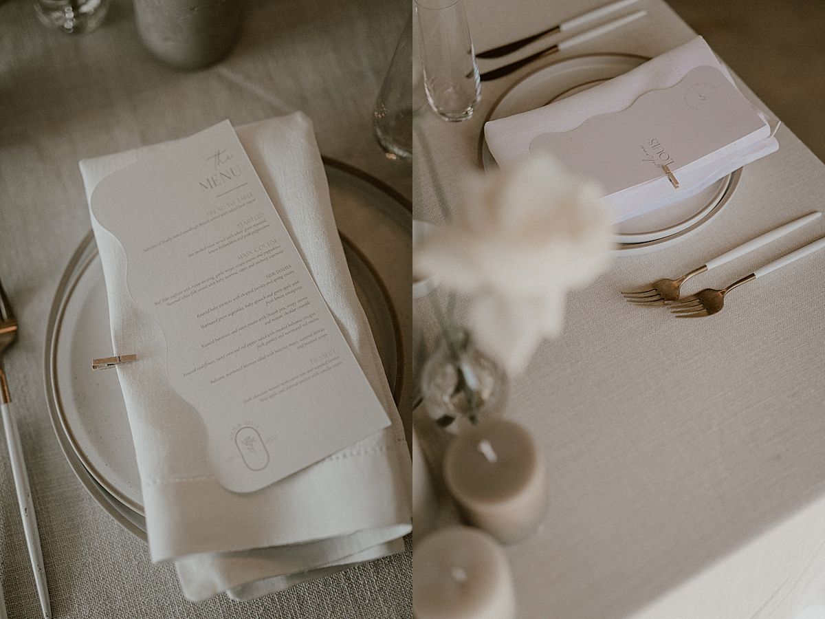 Table setting with bespoke stationery and floral arrangements