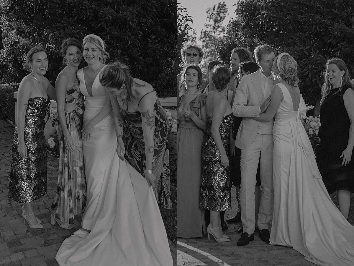 Wedding guests enjoying a relaxed celebration in Penhill Farm gardens