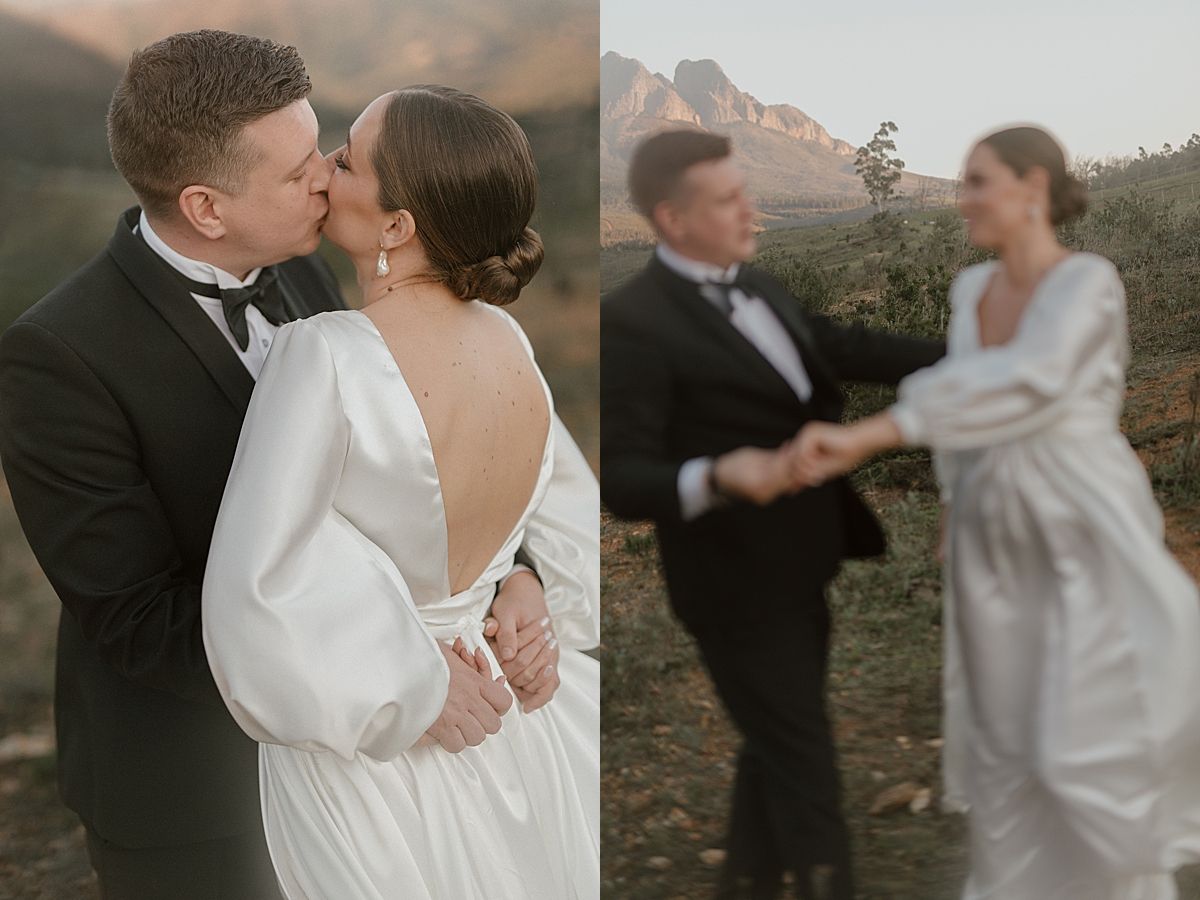 Bride and groom sharing a tender moment in golden sunlight at Cape Town wedding
