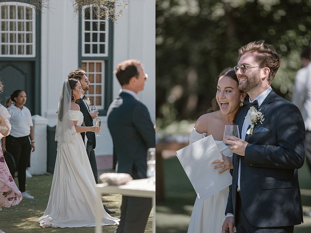 Bride and groom sharing a joyful moment at Weltevreden Estate, with elegant floral arrangements and Cape Dutch architecture.