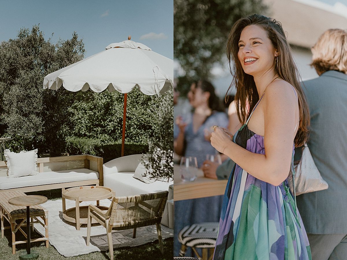 Wedding guests enjoying a relaxed celebration in Penhill Farm gardens