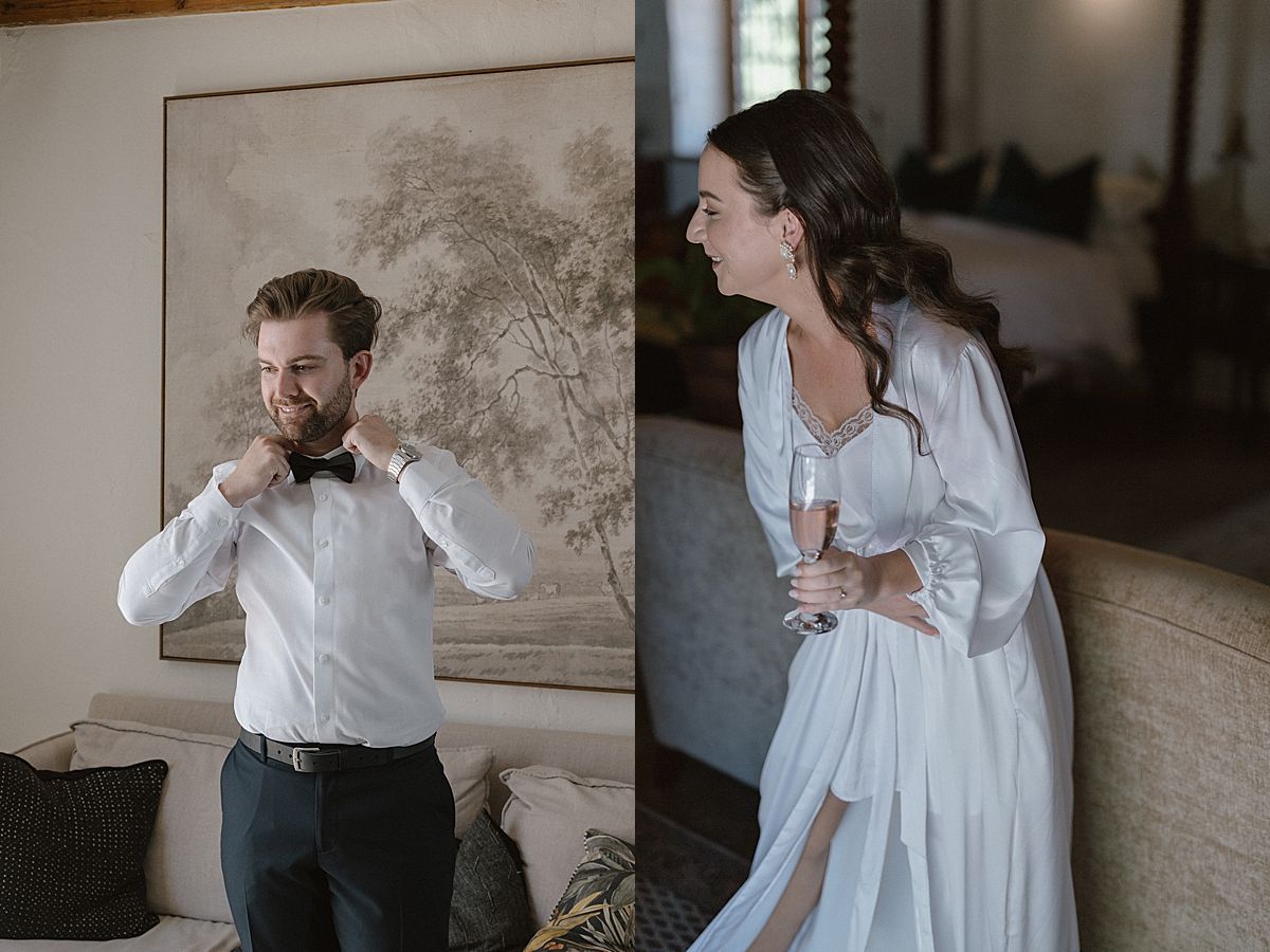 Bride and groom sharing a joyful moment at Weltevreden Estate, with elegant floral arrangements and Cape Dutch architecture.