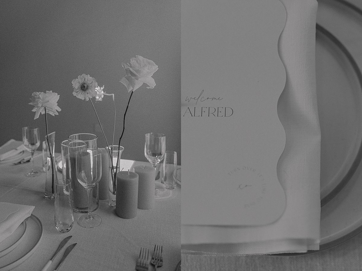 Decor details featuring floral arrangements by Kweek Studios