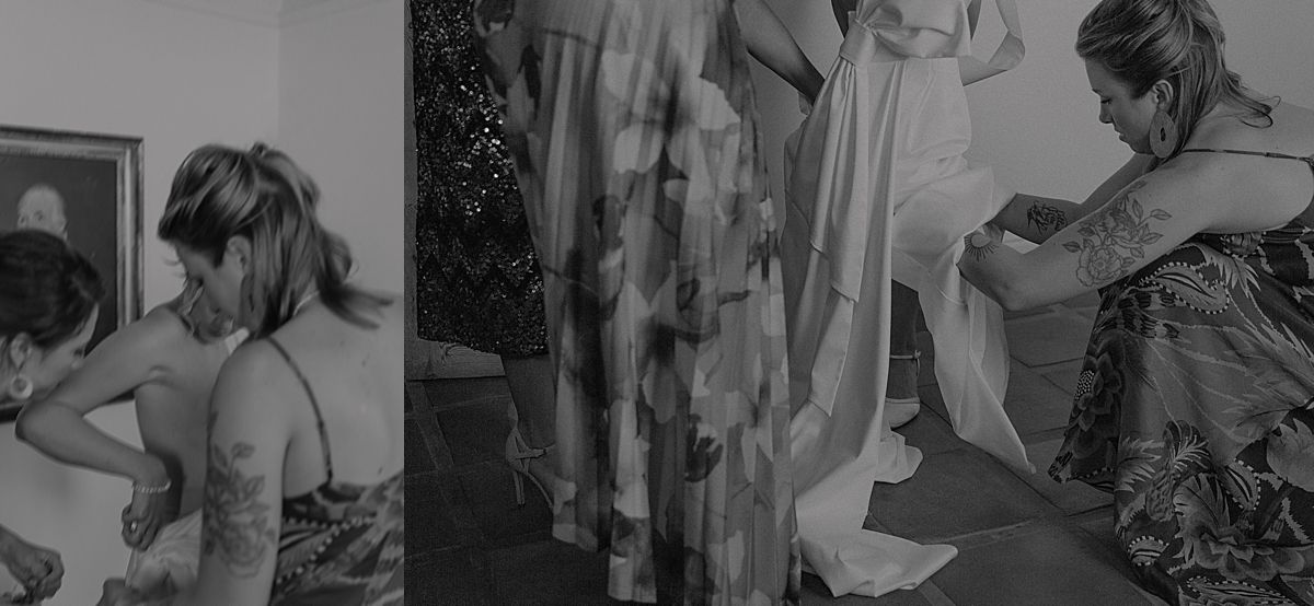 ride adjusting wedding dress in front of mirror, preparing for her big day