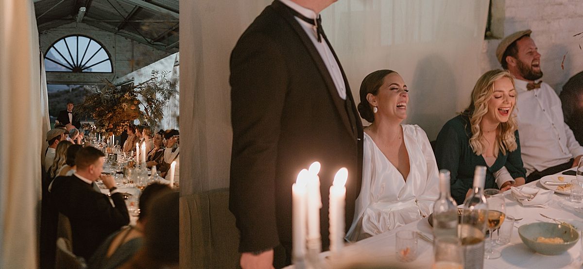 Newlyweds smiling and toasting guests during joyful wedding reception celebration