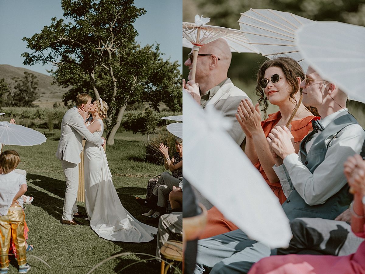 Bride and groom exchanging vows at Penhill Farm