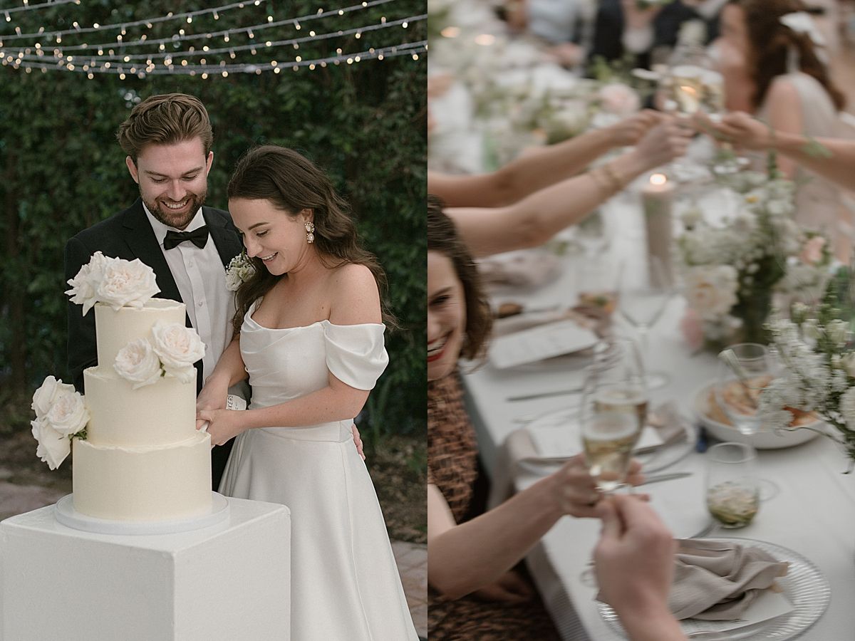 Bride and groom sharing a joyful moment at Weltevreden Estate, with elegant floral arrangements and Cape Dutch architecture.