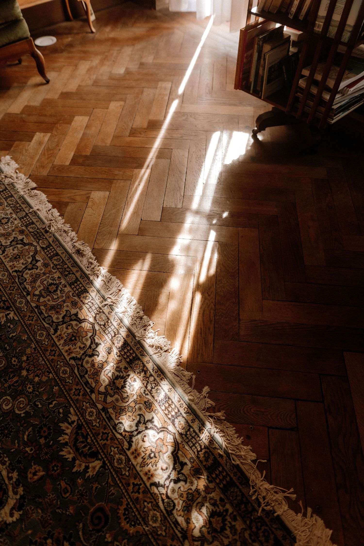 Sunlight streams across a herringbone hardwood floor and ornate carpet creating dramatic diagonal shadows.