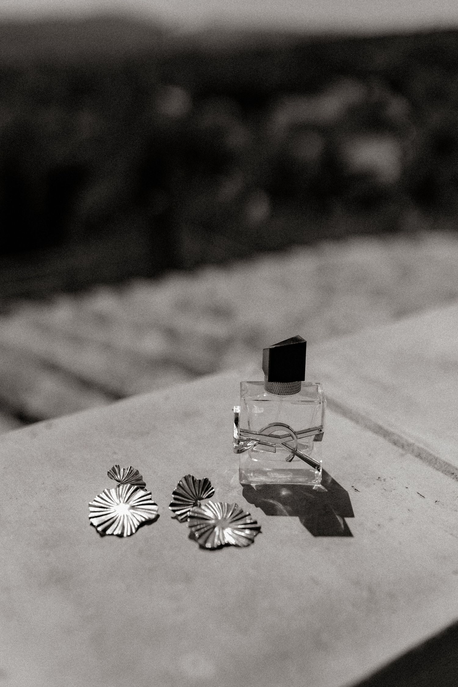 Black and white photo of perfume bottle and floral earrings on textured surface.