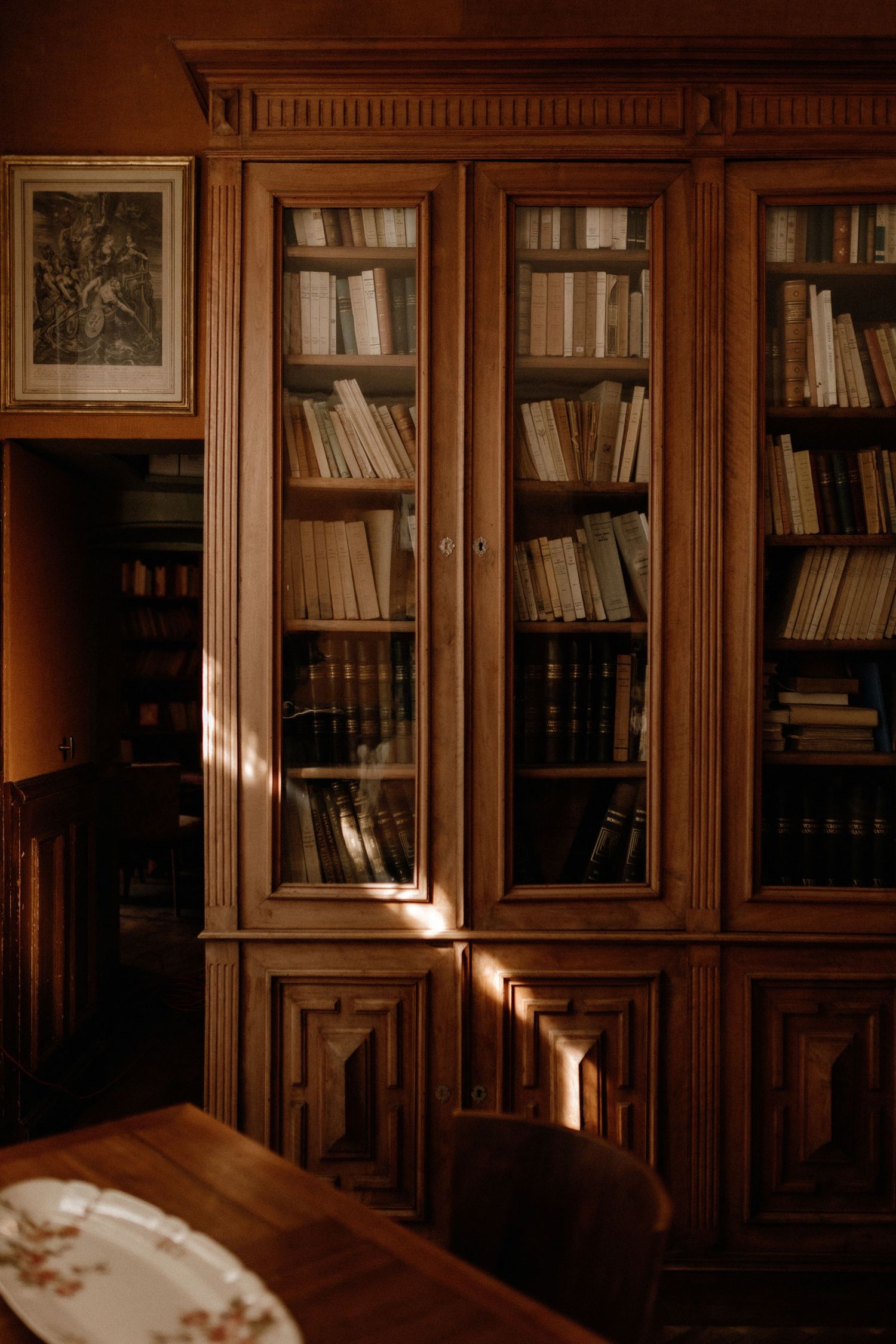 Vintage wooden library cabinet with glass doors displaying old books, illuminated by dramatic sunlight streaming in.