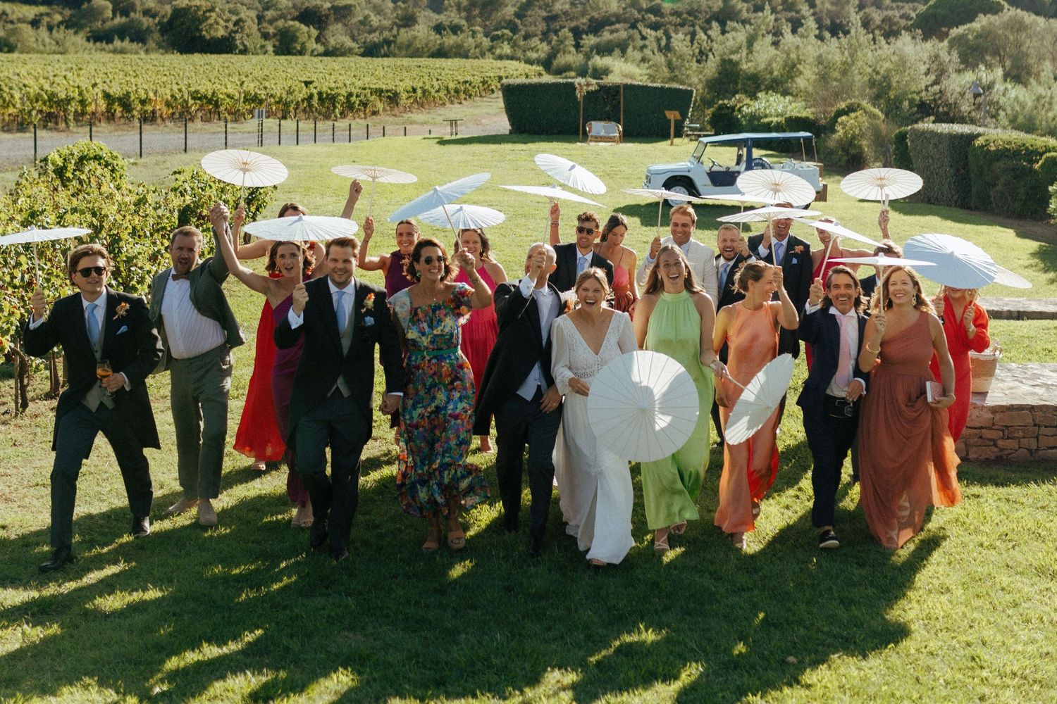 Large wedding party posing outdoors on a sunny day with vineyard in background.