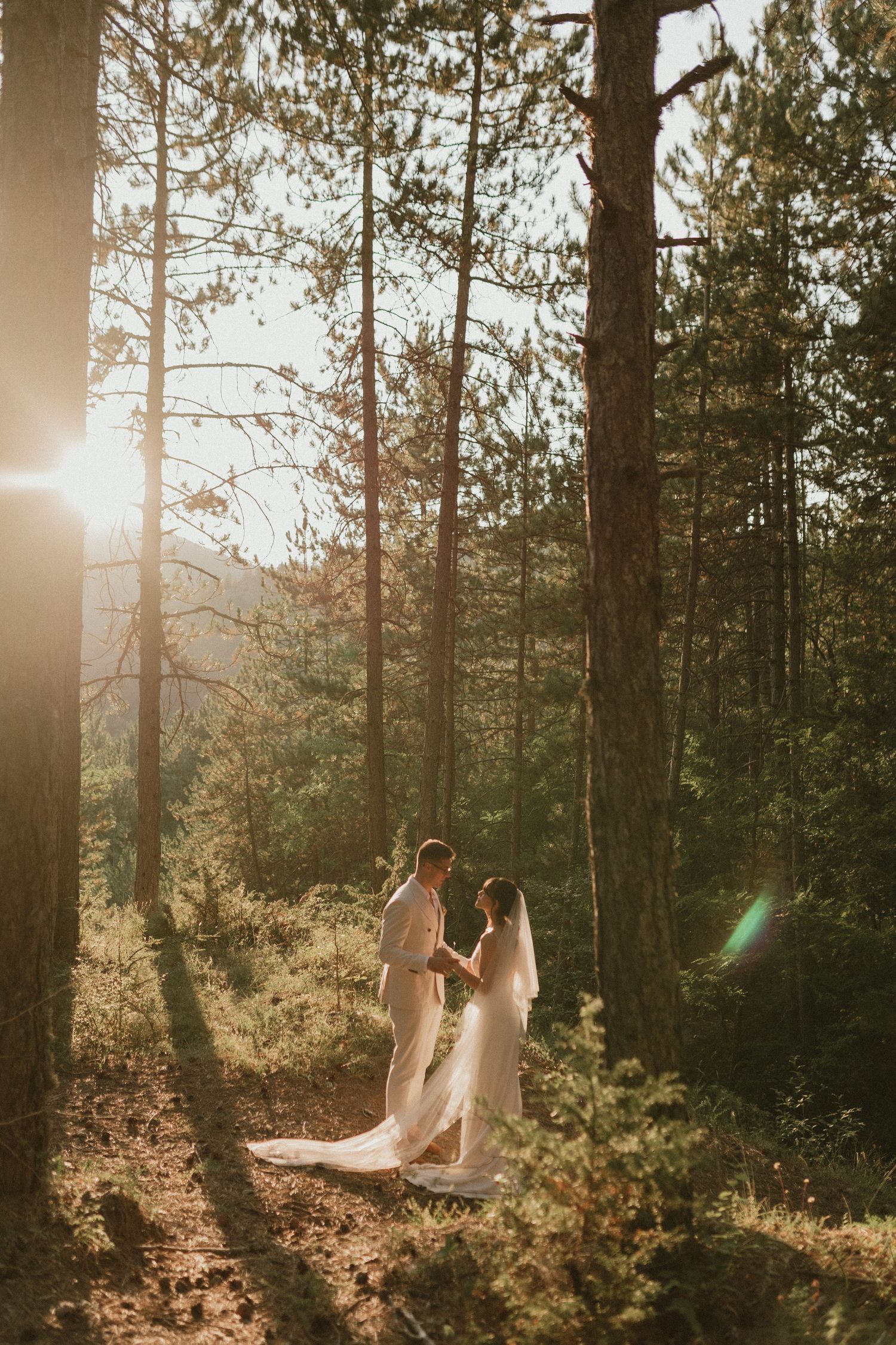 Sunlight streams through tall pine trees in a forest as couple in white dresses holds hands in dreamy wedding scene.