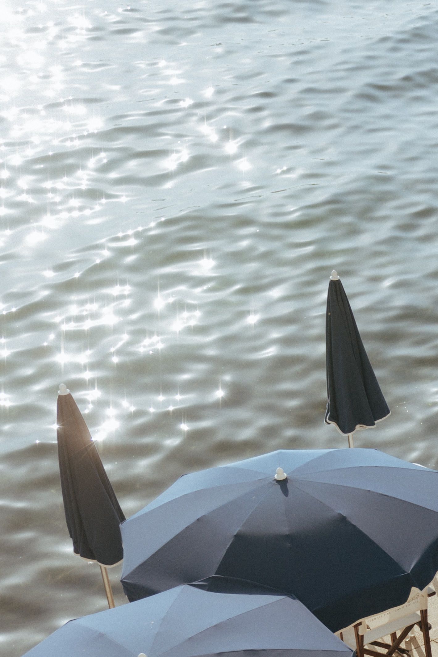 A sequence of black umbrellas lined up against a sparkling water background with sunlight reflections.