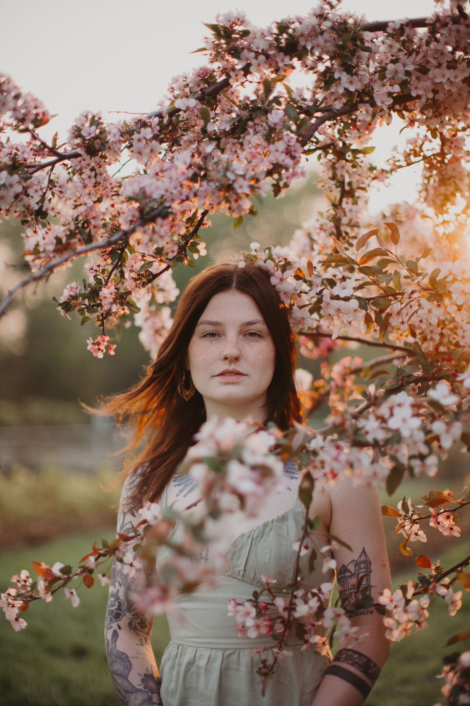 Artistic portrait among blooming cherry blossoms at sunset with soft golden light.