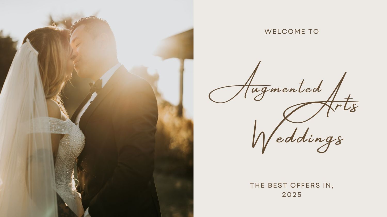 A dreamy wedding photo with backlit silhouettes against golden sunlight with elegant script text overlay.