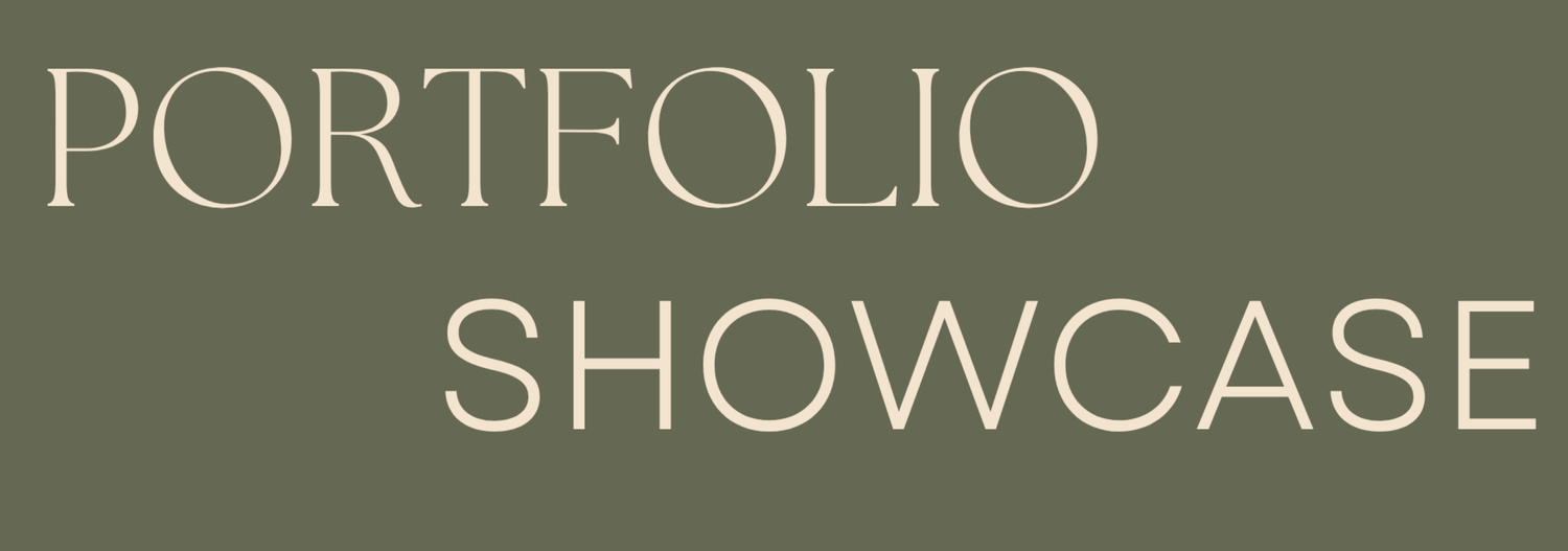 Green and white text reading 'Portfolio Showcase' on a dark olive background in modern lettering.
