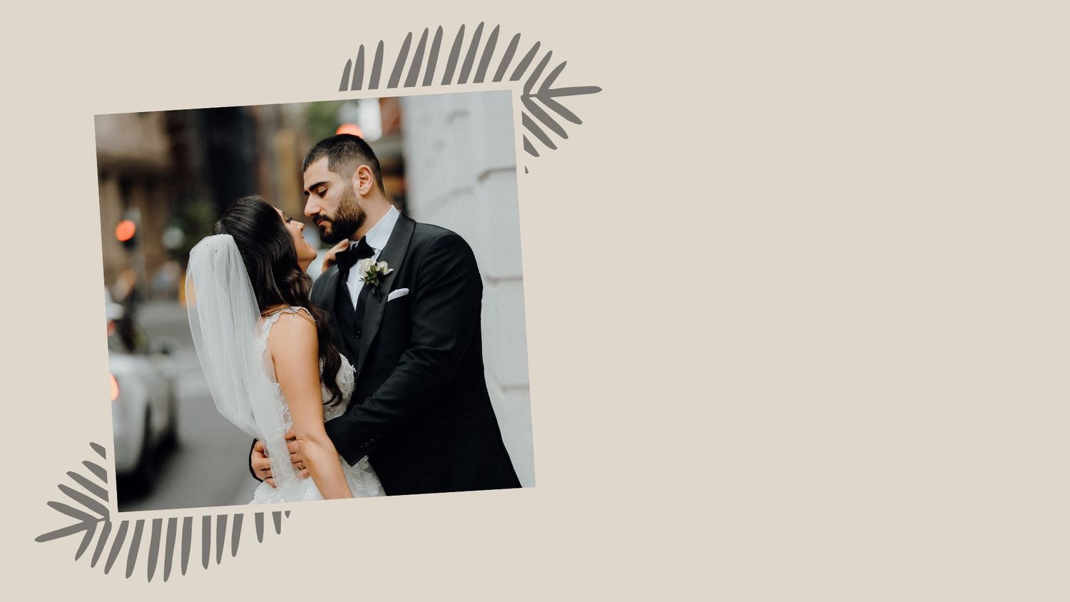 Wedding photo with palm leaf decorative elements on beige background featuring newlyweds in formal attire.