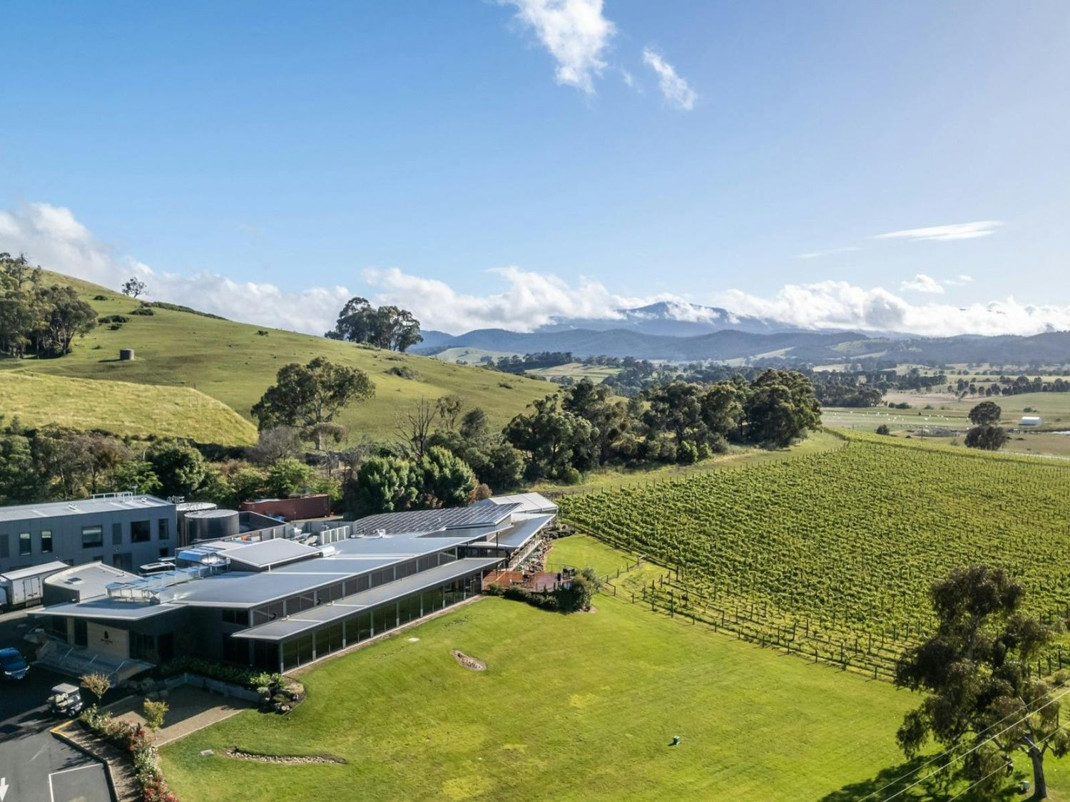 Modern winery building nestled in rolling vineyard hills with snow-capped mountains in the distance under blue sky.