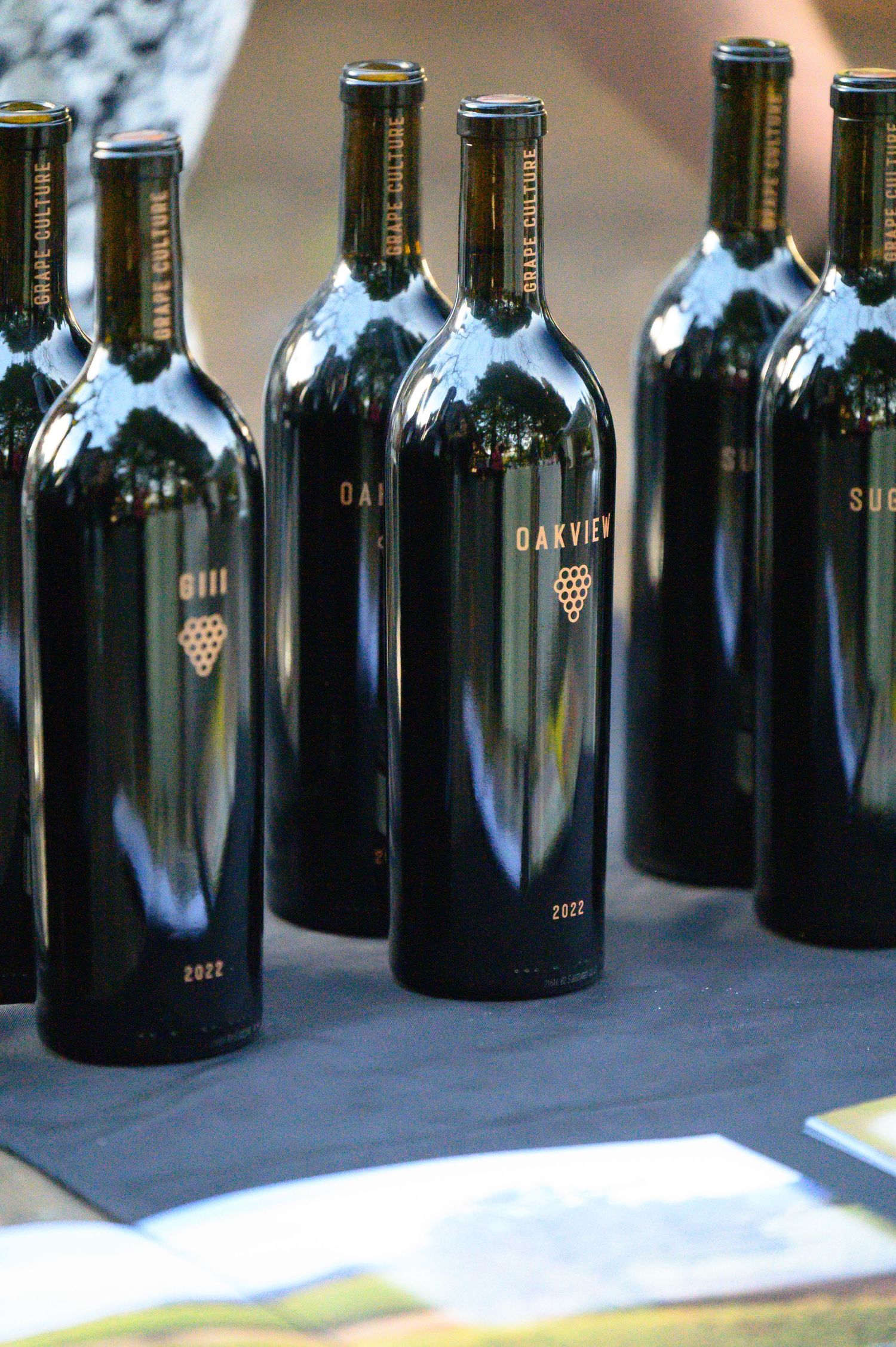Row of dark wine bottles with elegant grape cluster logos arranged on black surface shows premium winery presentation.