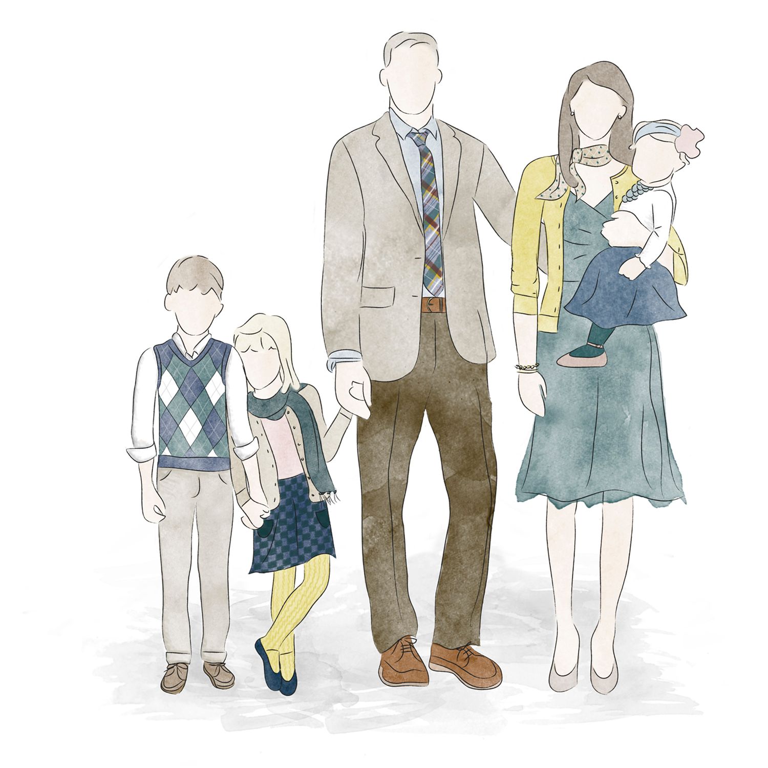 Gentle watercolor sketch of a family group in neutral tones standing together.