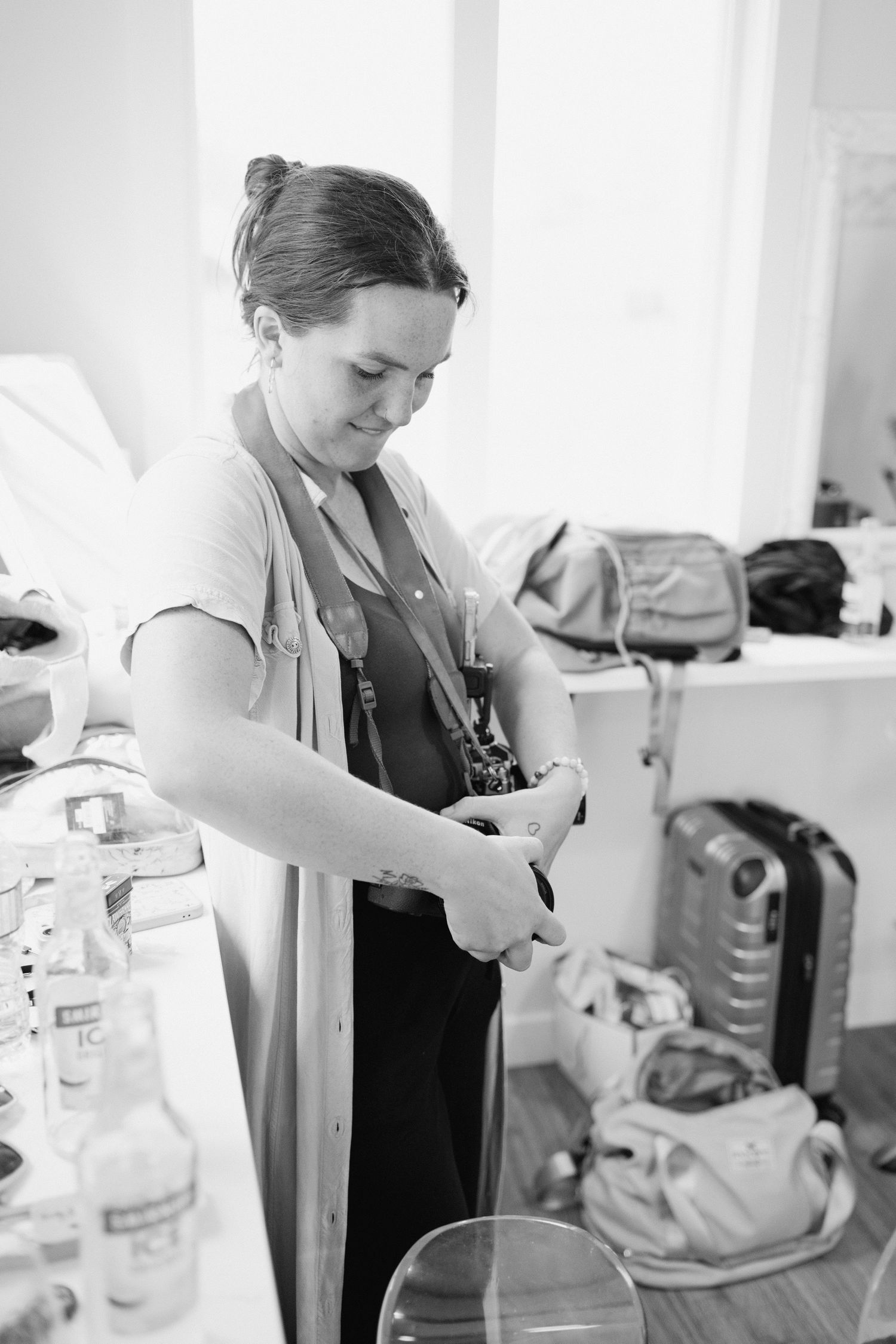 A series of candid moments showing preparation details in a bright indoor setting.