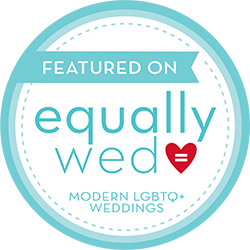 Teal circular badge with white text reading 'Featured on Equally Wed Modern LGBTQ+ Weddings' with a red heart icon.