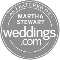 Black and white logos from wedding and lifestyle media outlets Martha Stewart and Weddings.com arranged horizontally.
