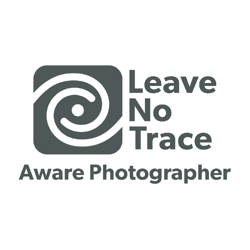 A gray logo for Leave No Trace Aware Photographer showing a spiral symbol and text.
