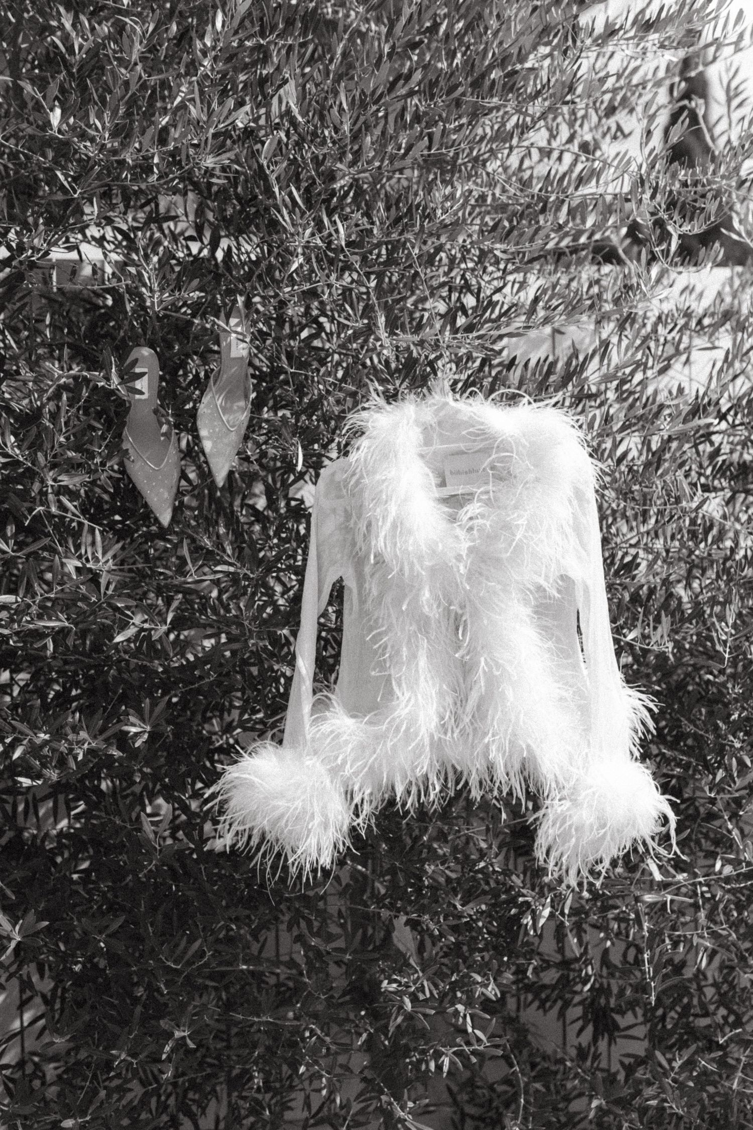 White fluffy fur trimmed jacket hanging against green foliage backdrop in black and white.