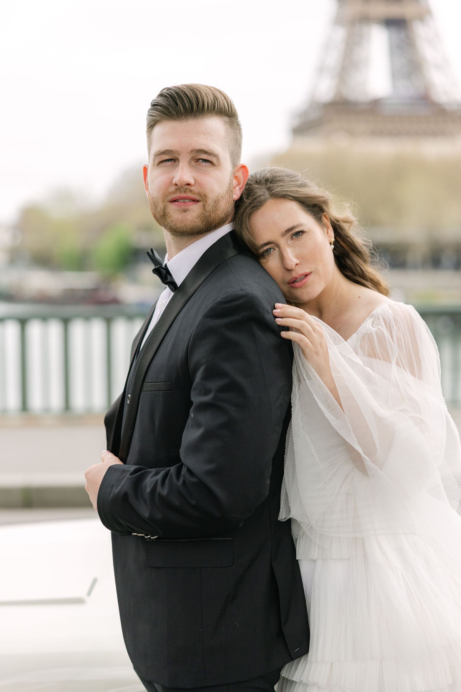 Bride and Groom portrait in Paris with Eiffel Tower