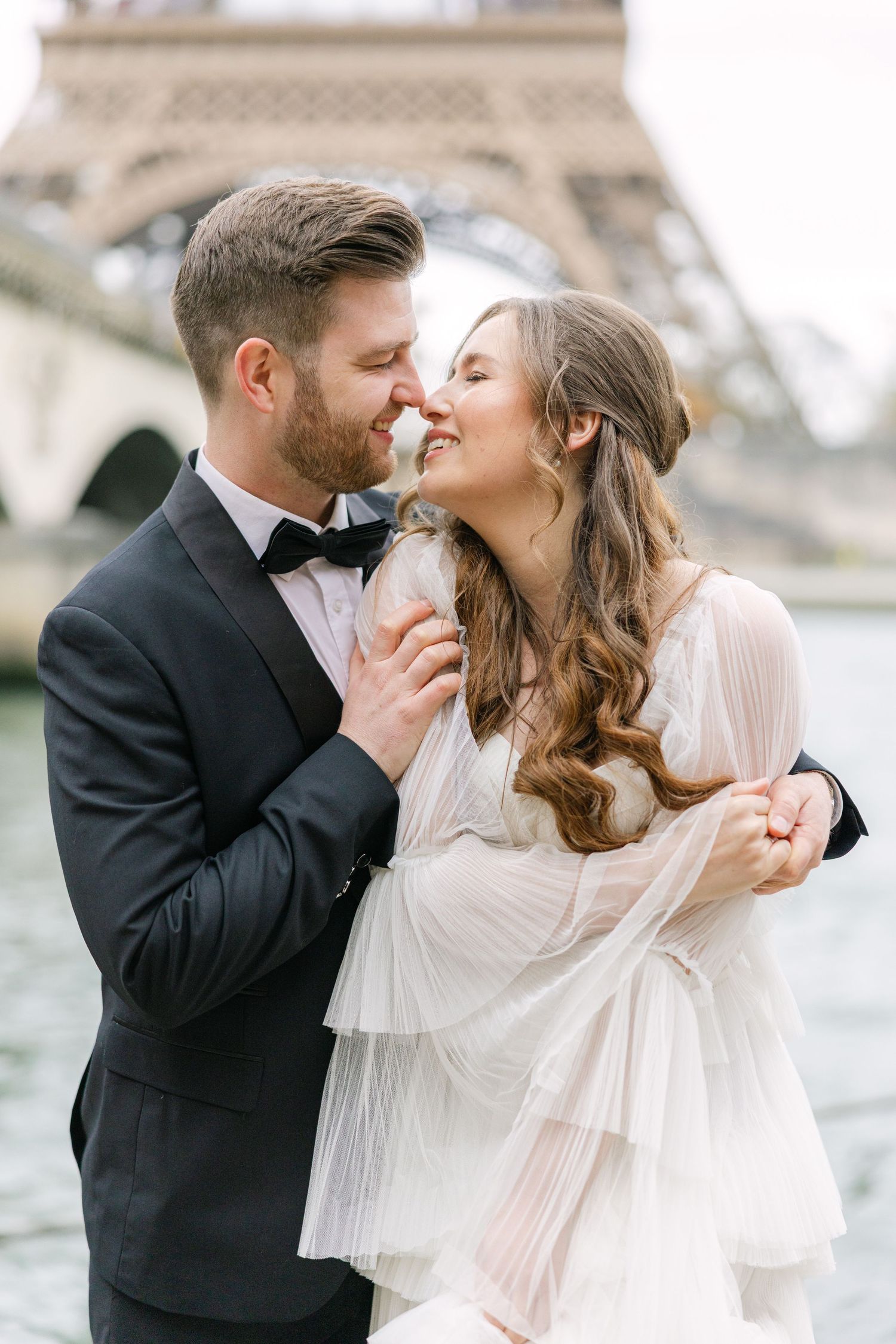 Bride and Groom portrait in Paris with Eiffel Tower