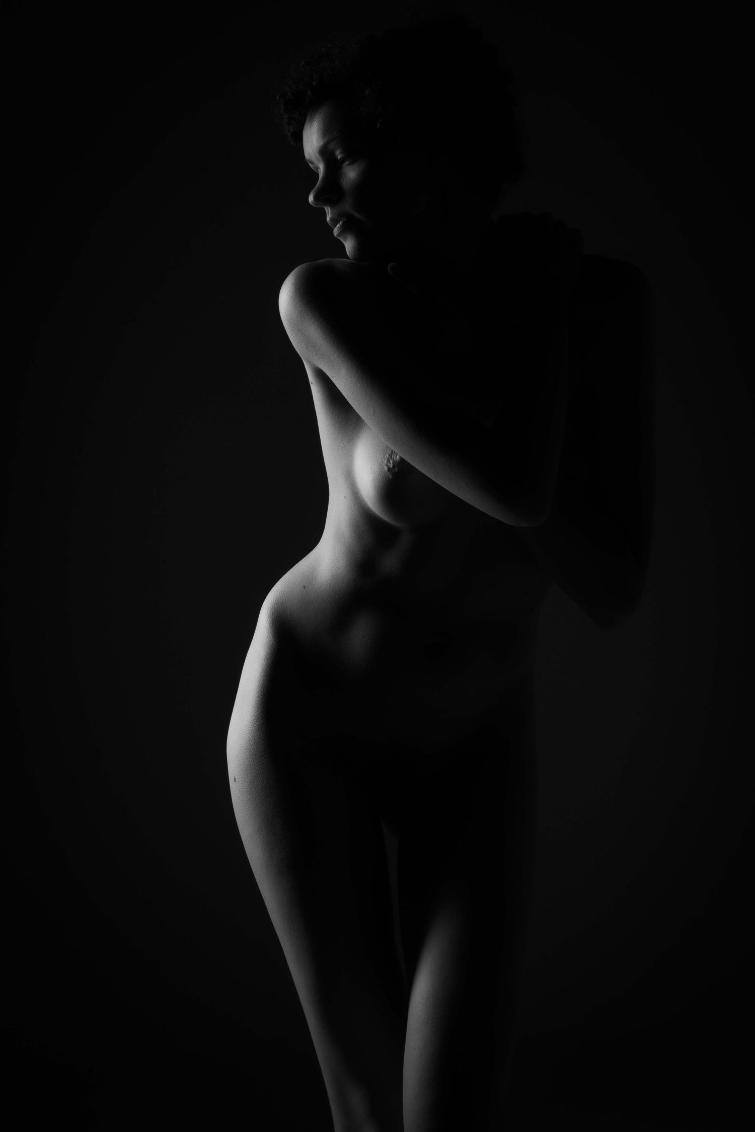 Artistic nude silhouette photographed in dramatic low key lighting.