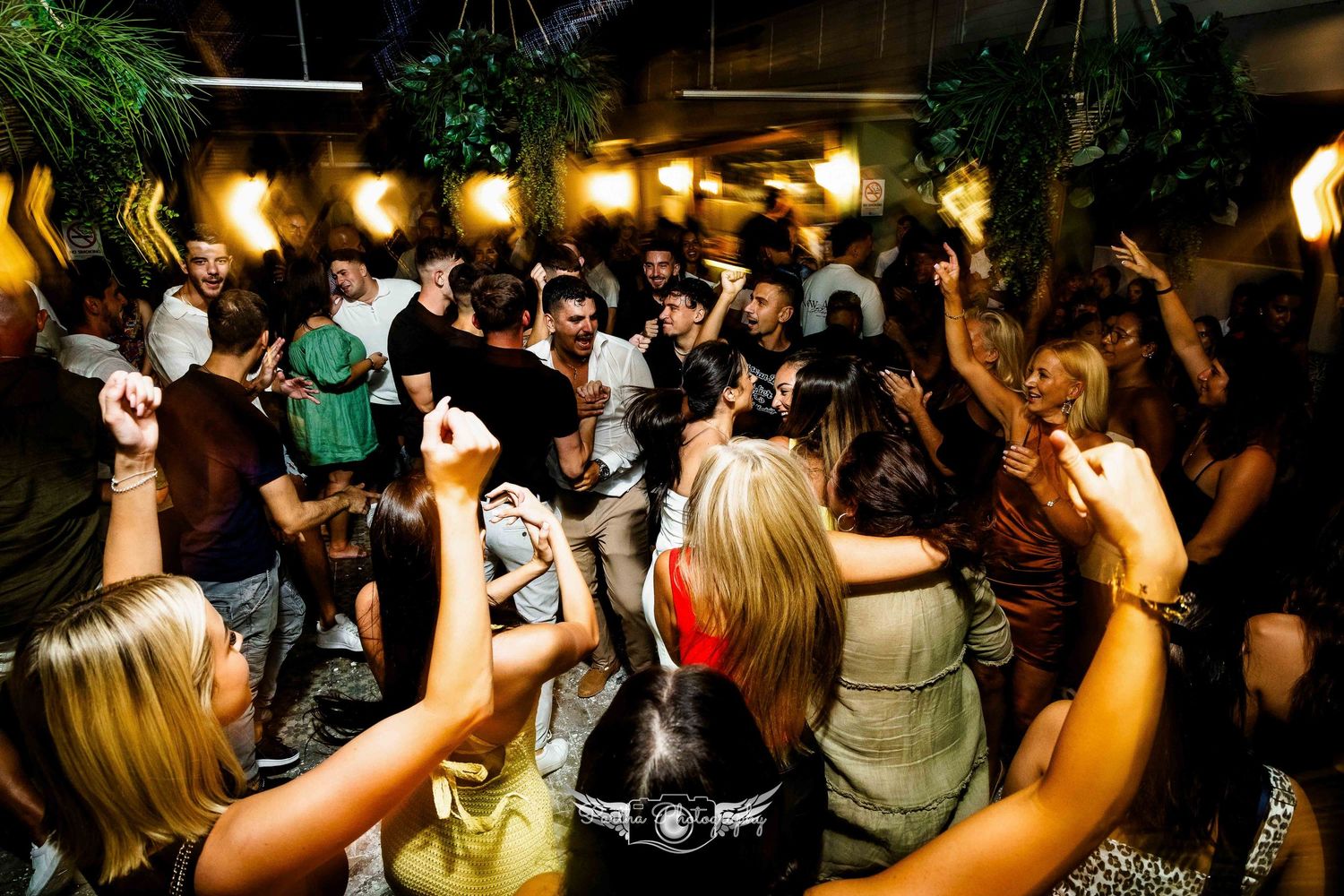 Energetic crowd with raised hands dancing at a lively nightclub party.