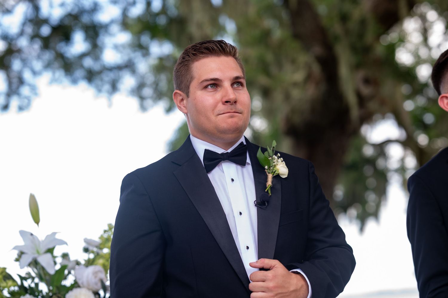 Editorial-style wedding portrait with luxury Florida backdrop