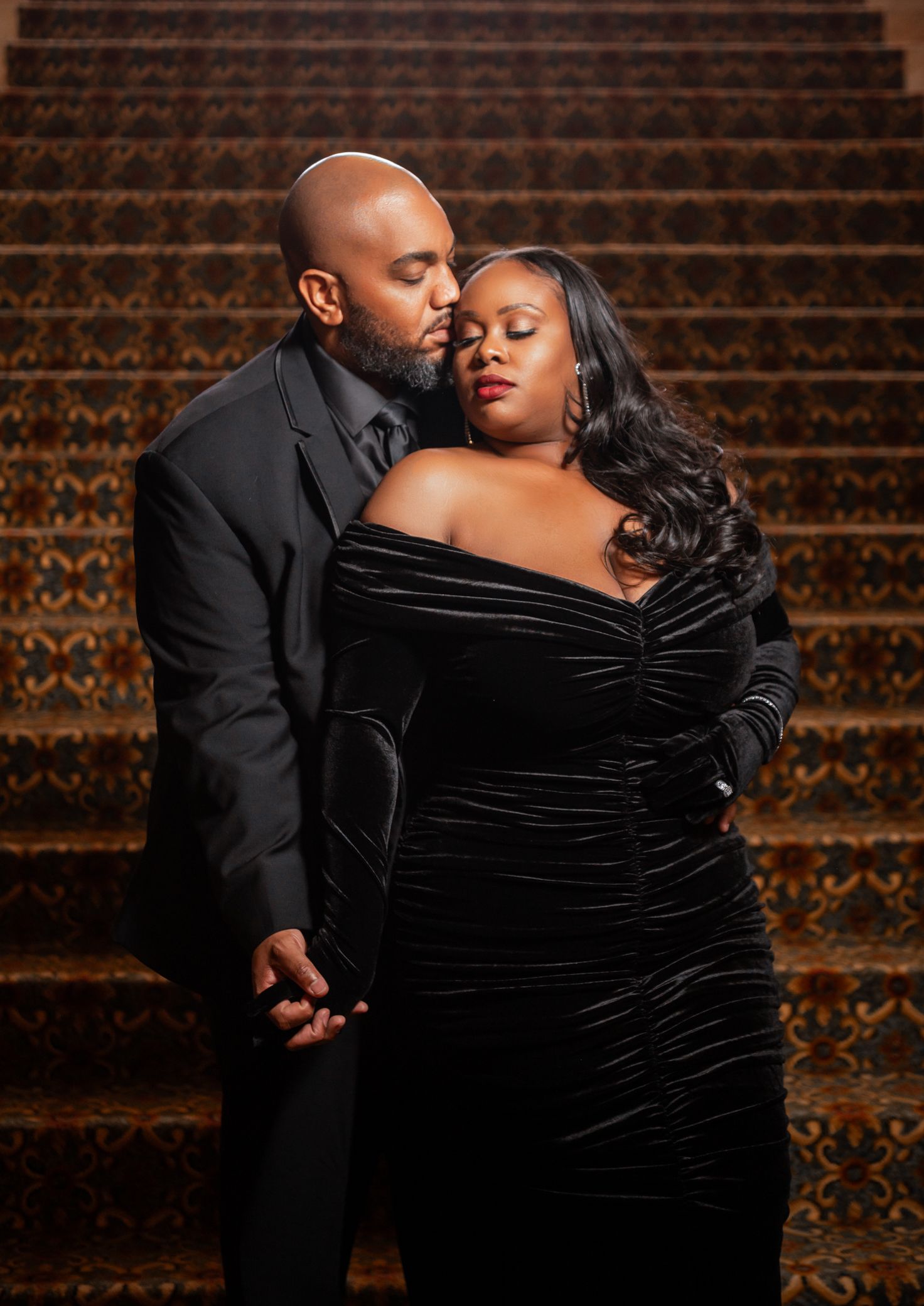 Elegant black gown worn by Shameka at Port St Lucie engagement shoot