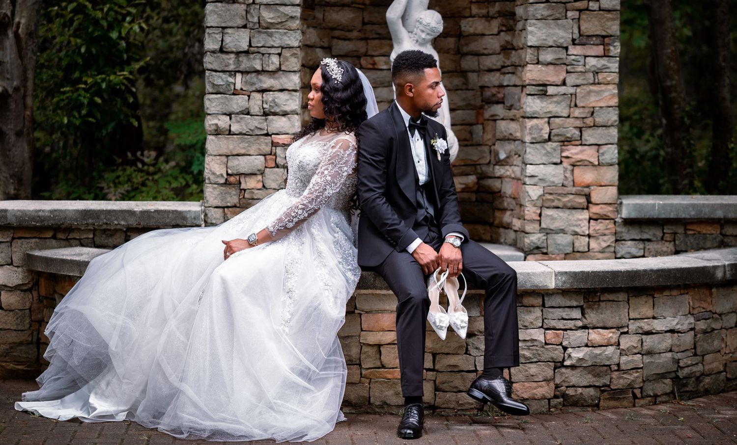 The bride and groom sit together during their Atlanta elopement session.