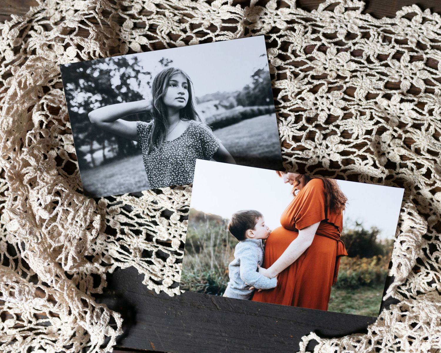 Two photographs displayed on lacy fabric showing outdoor portraits captured in nature settings.