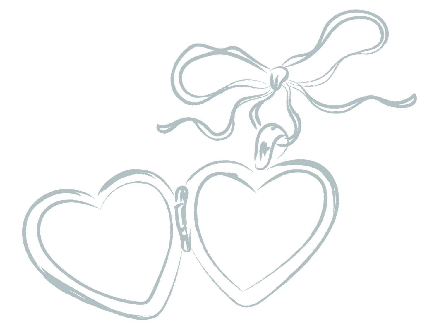 Simple line drawing of a locket that is two hearts connected by a decorative bow.